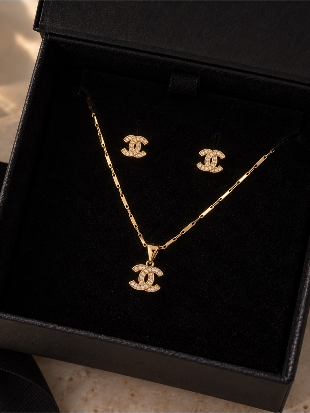 Gold filled Interlocking Logo Pendant Necklace and Stud Earring Set - Gold